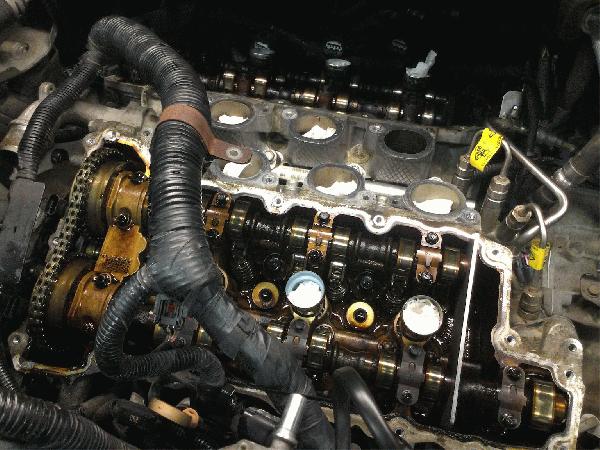 Close view of engine components during shop work
