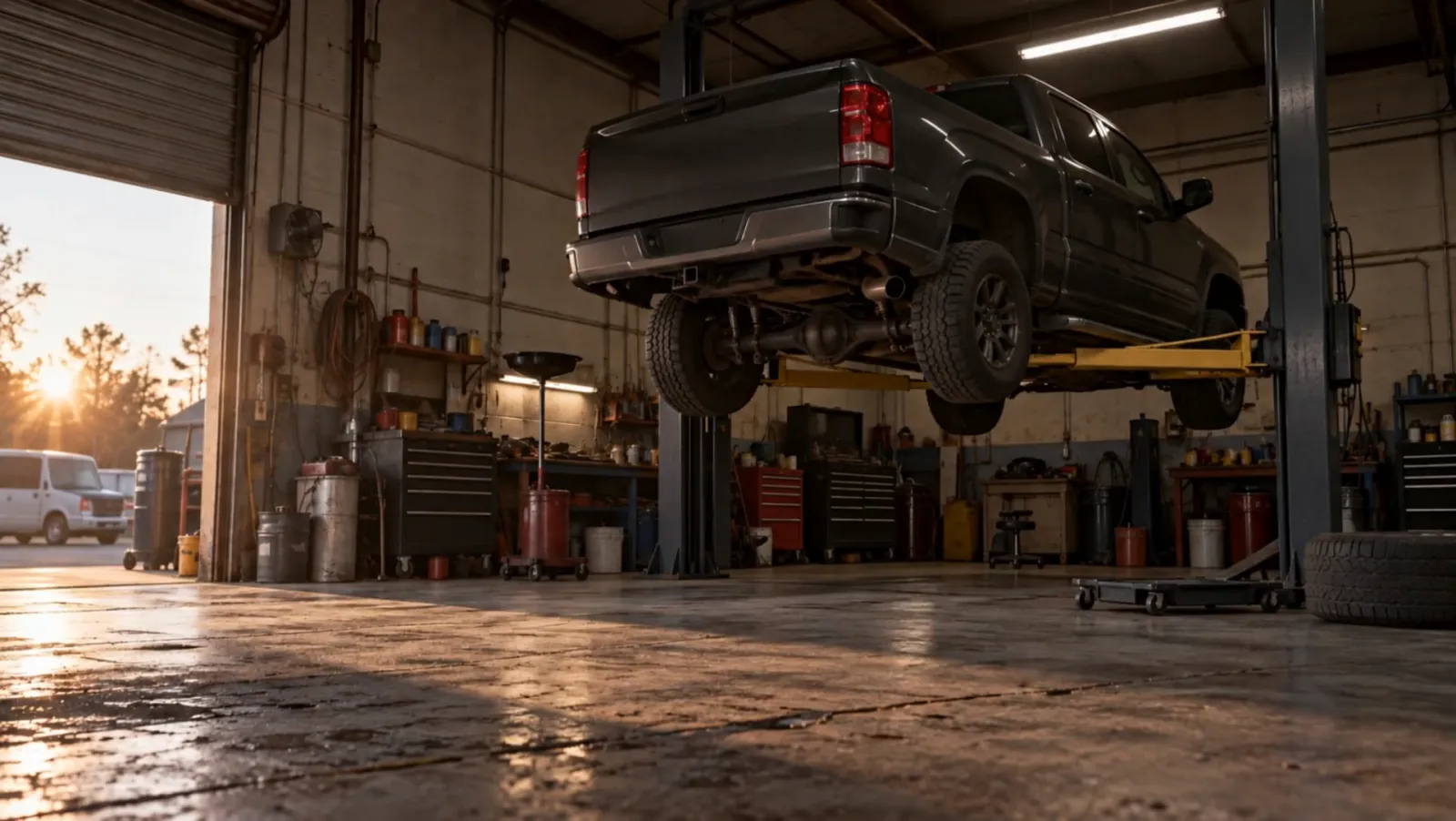 Illustrative garage interior with a pickup on a lift and sunlight across concrete